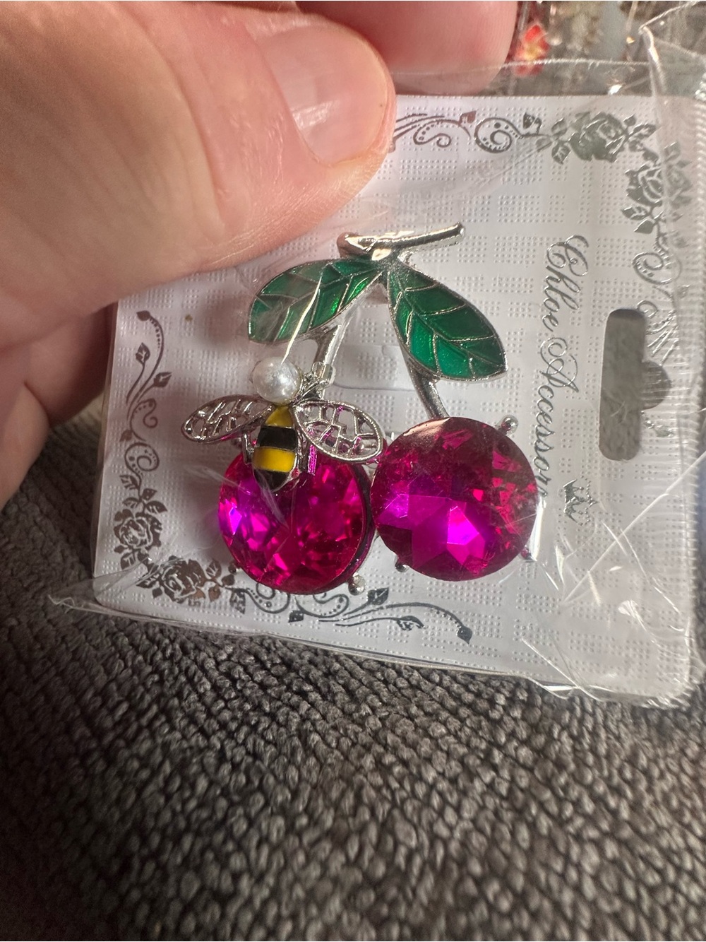 Bee & Cherry Crystal Brooch - Pink and Green Accent